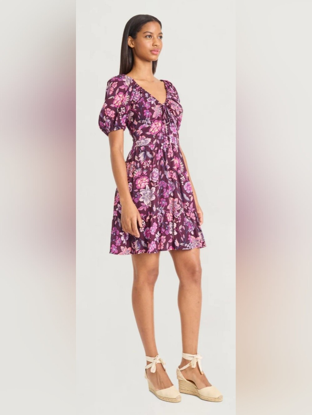 Grant In Rayon Challis Plum Puff Sleeve Dress